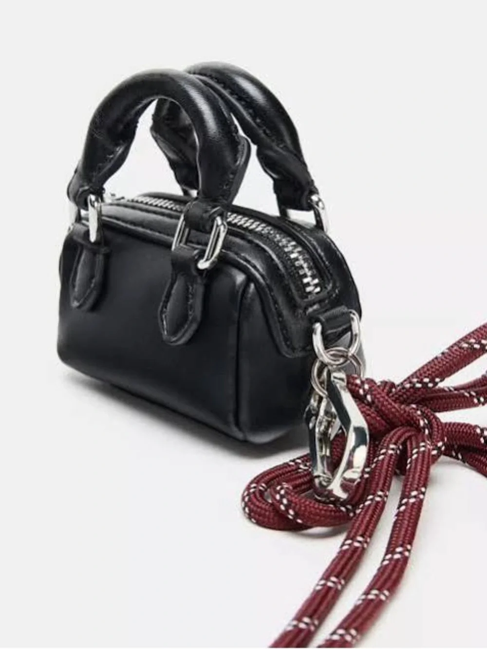Zara Black Mini Bag Charm Key & Card Holder with Burgundy Cord